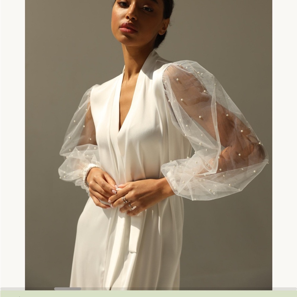 Elegant White Robe with Sheer Pearl Sleeves - Bridal!